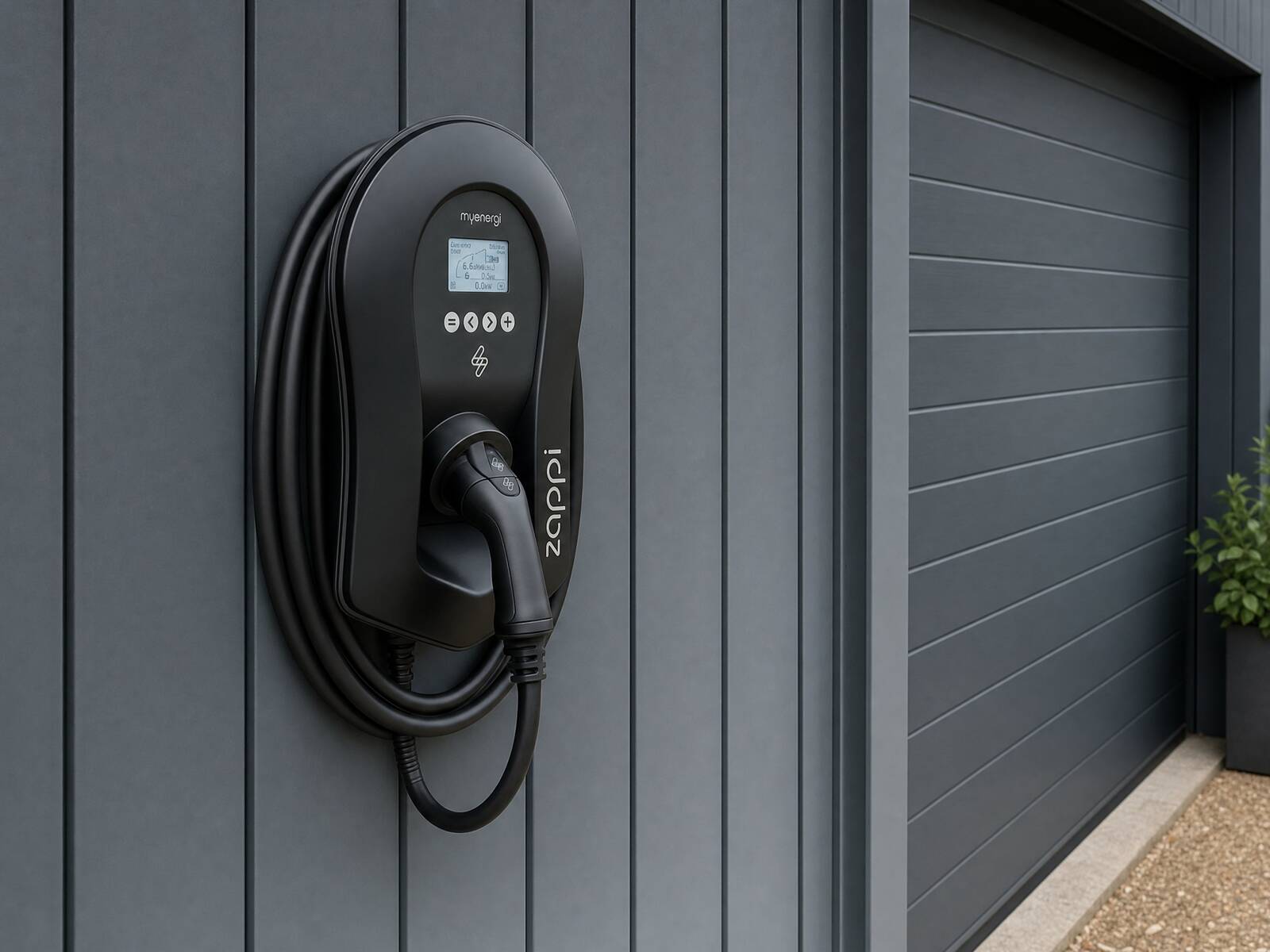 A black myenergi Zappi EV charger mounted on anthracite cladding beside a sectional garage door