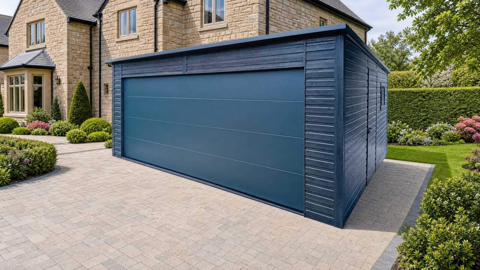 A completed anthracite steel garage with a sectional door in a landscaped garden
