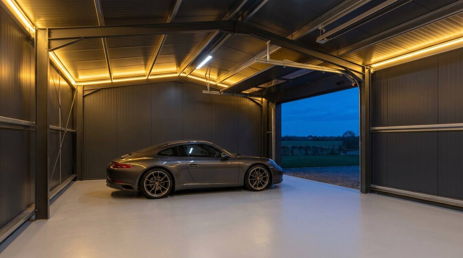 Steel garage interior lit by LED lighting at dusk
