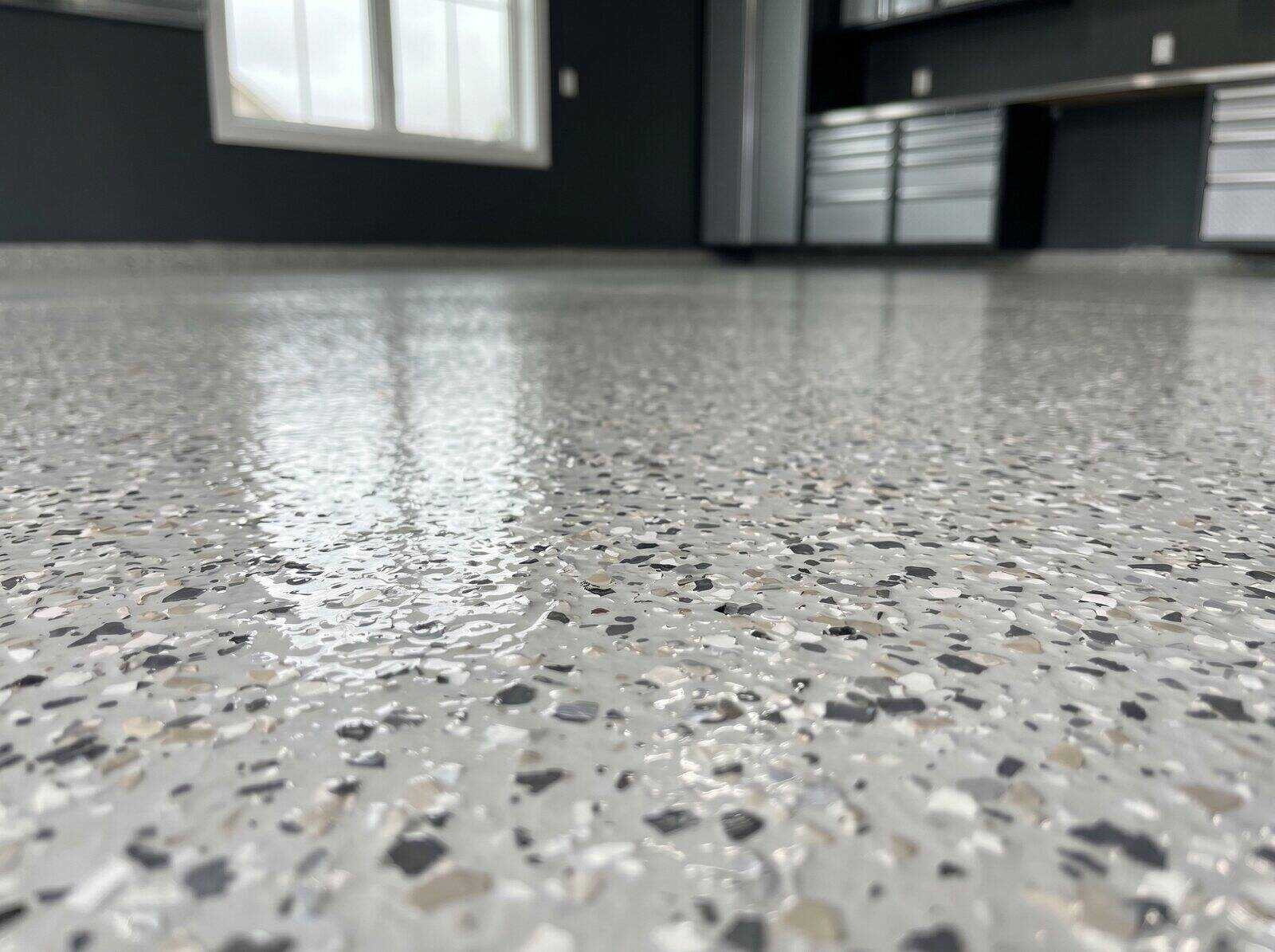 Professional resin flake garage floor, close-up detail
