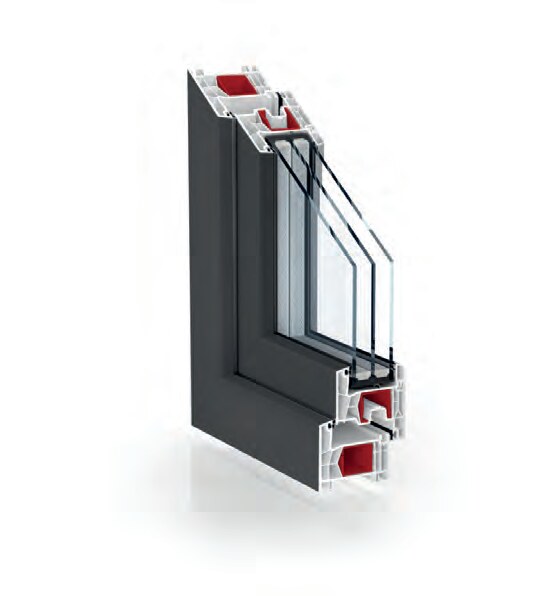 Cut-away of the anthracite multi-chamber frame holding a triple-glazed unit