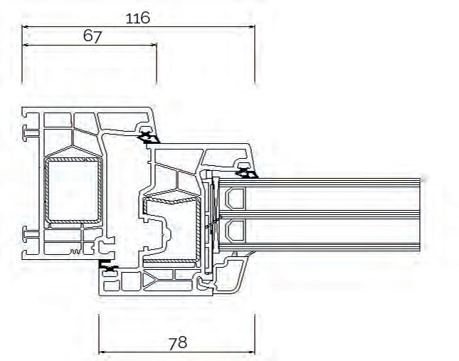 Technical cross-section of the insulated multi-chamber sliding-door frame profile