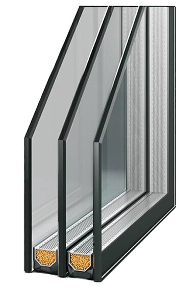 Triple-glazed sealed unit — three panes with two warm-edge spacer bars