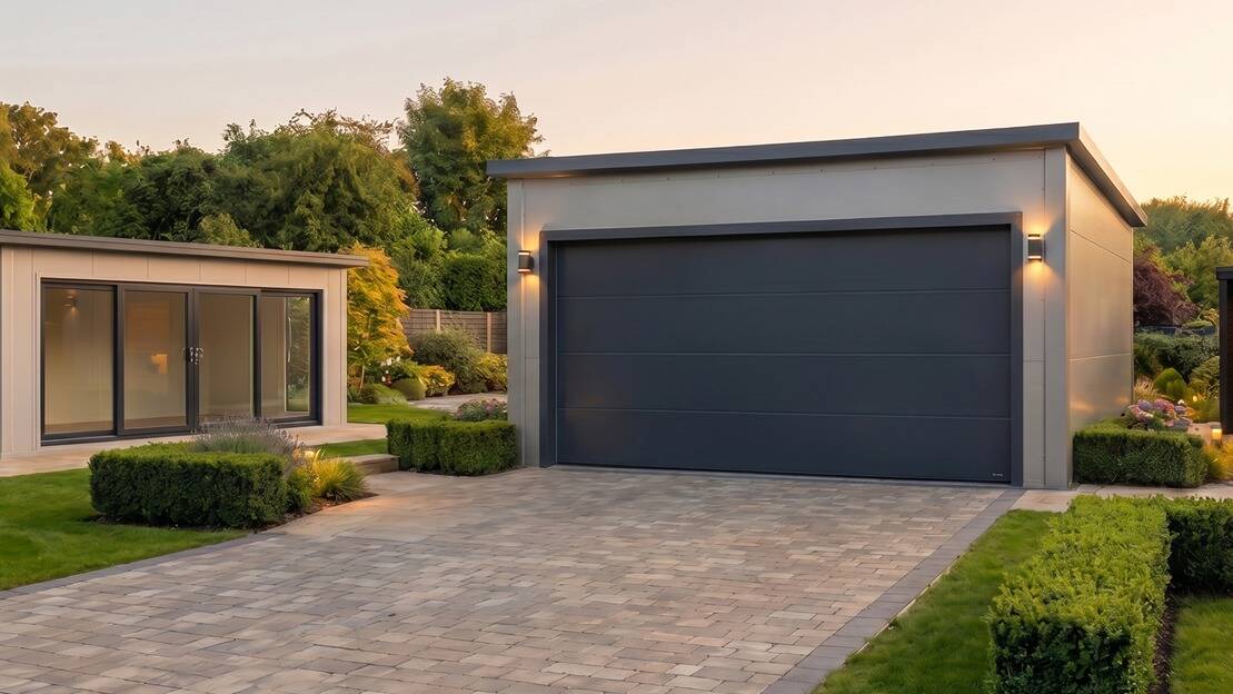A VeltHaven insulated garage with an anthracite sectional door beside a glazed garden room on a block-paved driveway at golden hour