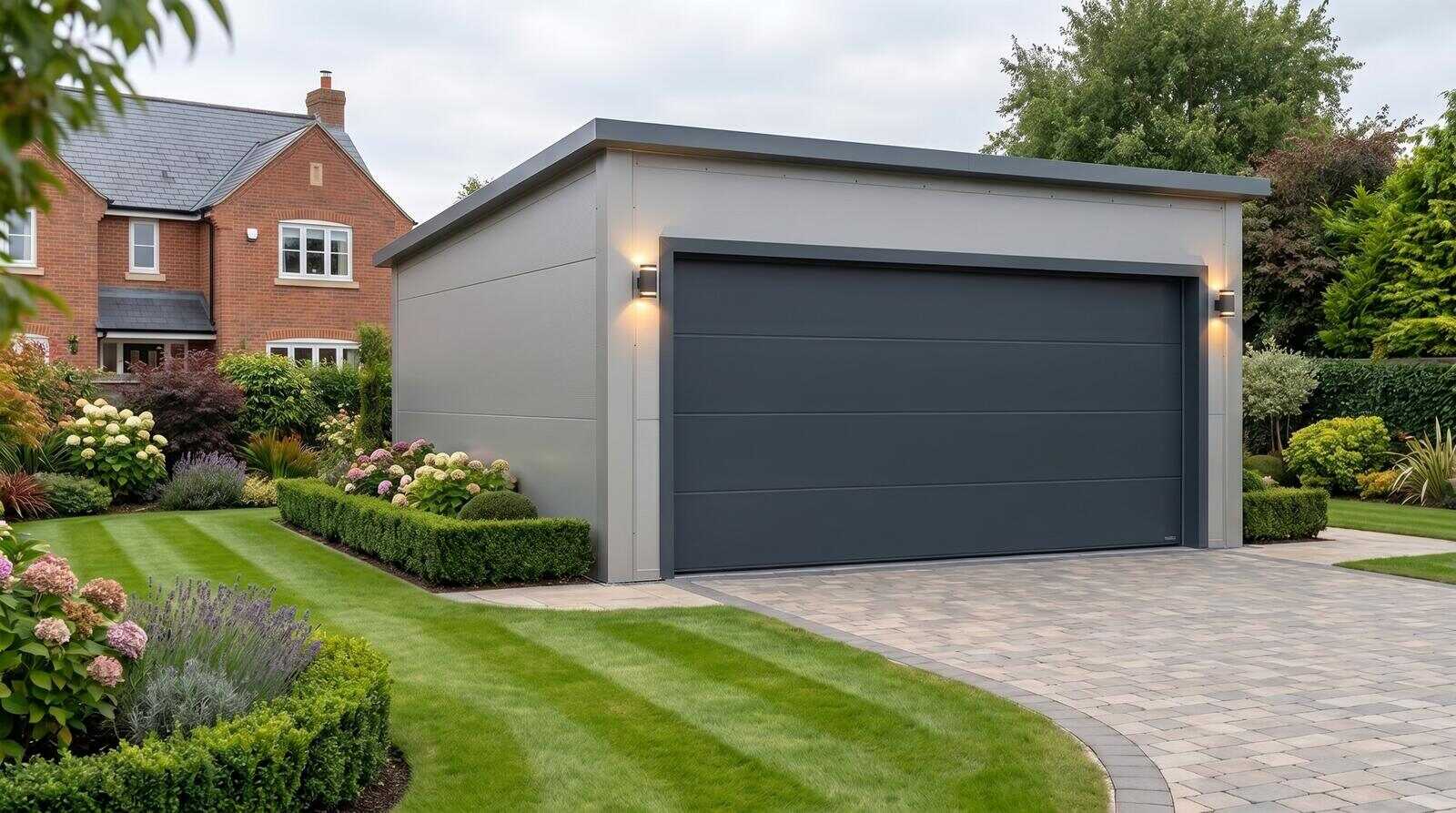 Insulated garage with an anthracite sectional door beside a home
