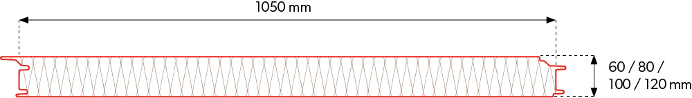 Cross-section of the wall panel: 1050 mm wide, with a 100 mm insulated PIR core