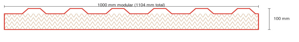 Cross-section of the trapezoidal roof panel: 1000mm modular width, 100mm PIR core