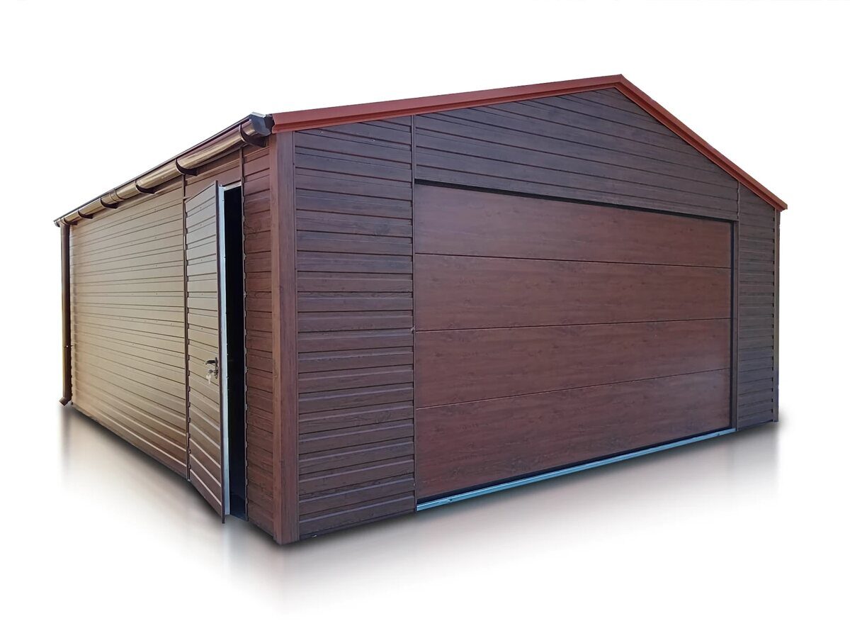 Steel garage with dark walnut wood-effect cladding, front three-quarter view beside a house