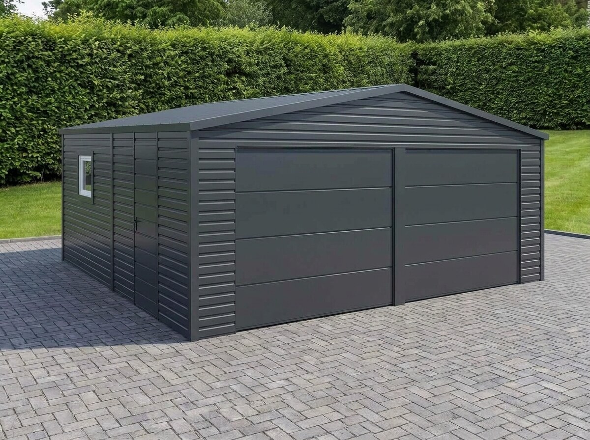 Visualisation: anthracite steel garage with an apex roof, two sectional doors, a side entrance door and a window
