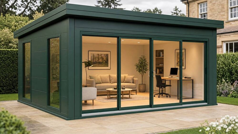 VeltHaven garden room in green with a four-panel sliding glass front, on a paved patio