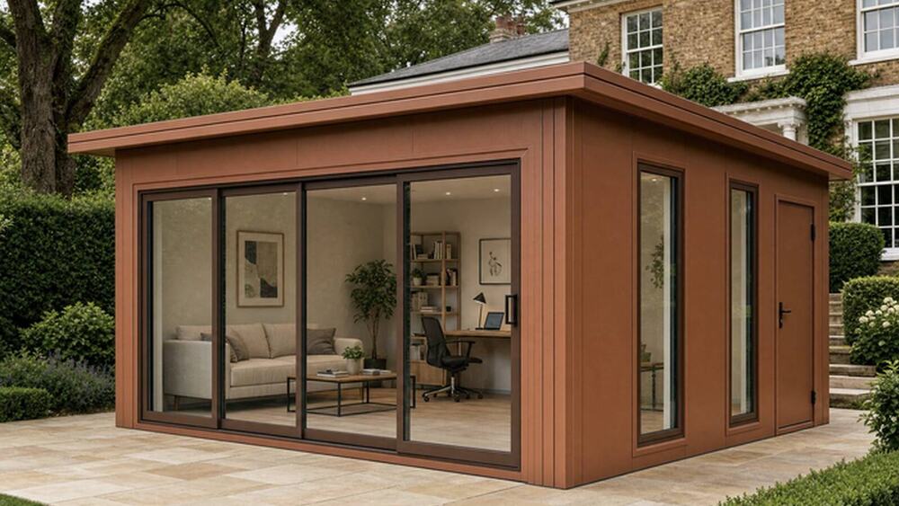 VeltHaven garden room in terracotta with a four-panel sliding glass front and a side door
