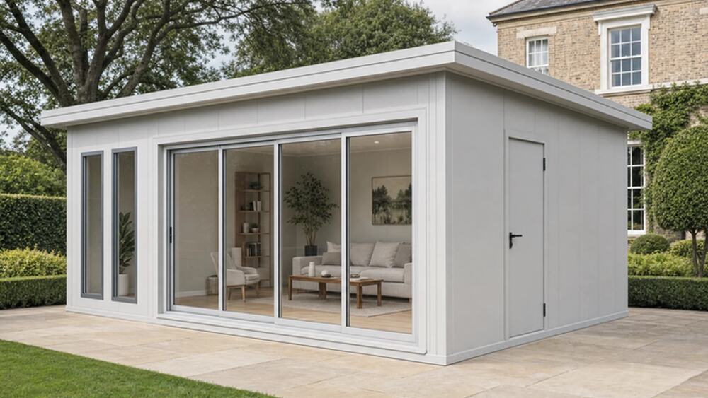 VeltHaven garden room in white with a wide four-panel sliding glass front