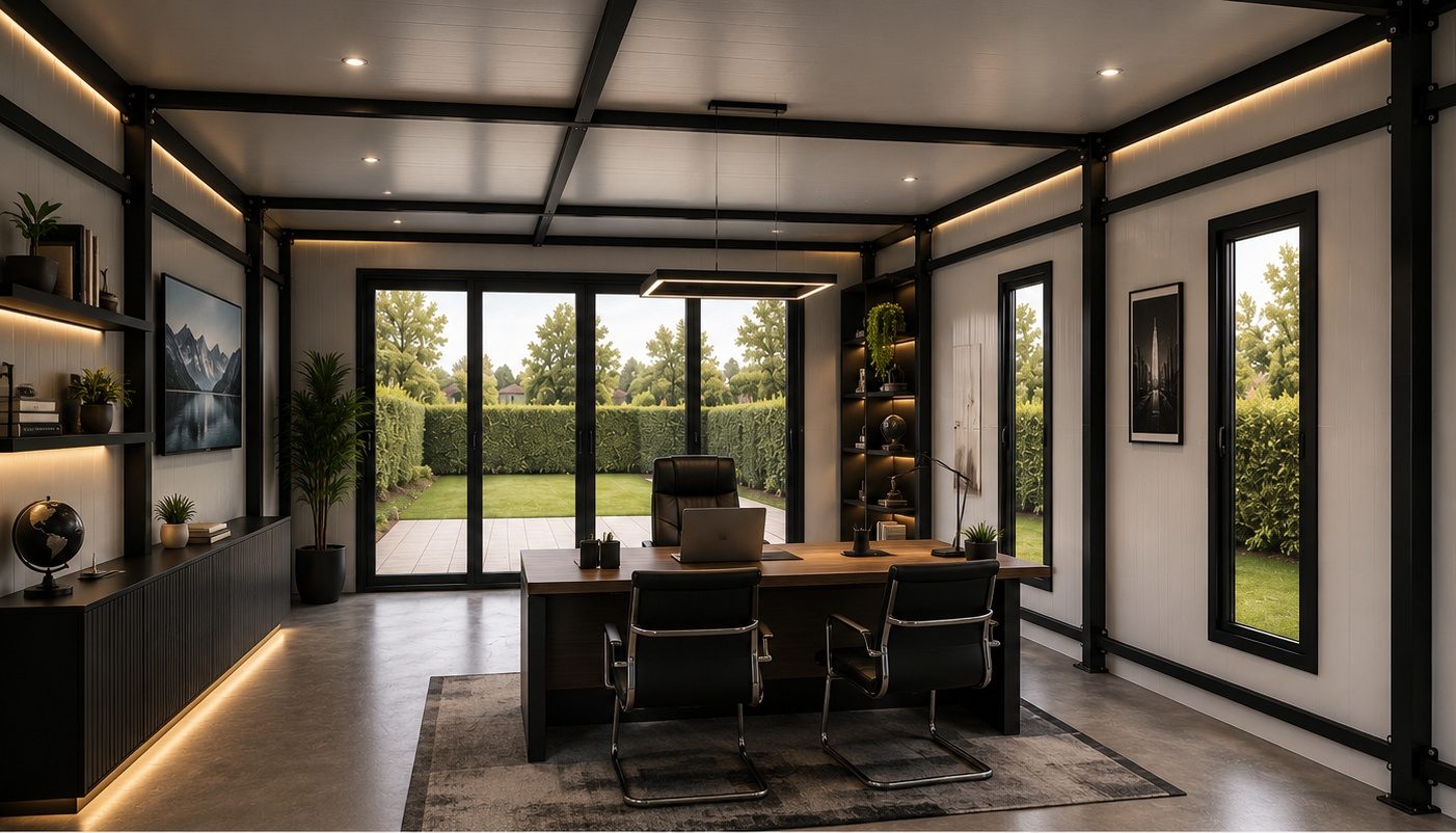 Executive garden room interior with a black steel frame, glazed garden wall and a furnished office workspace