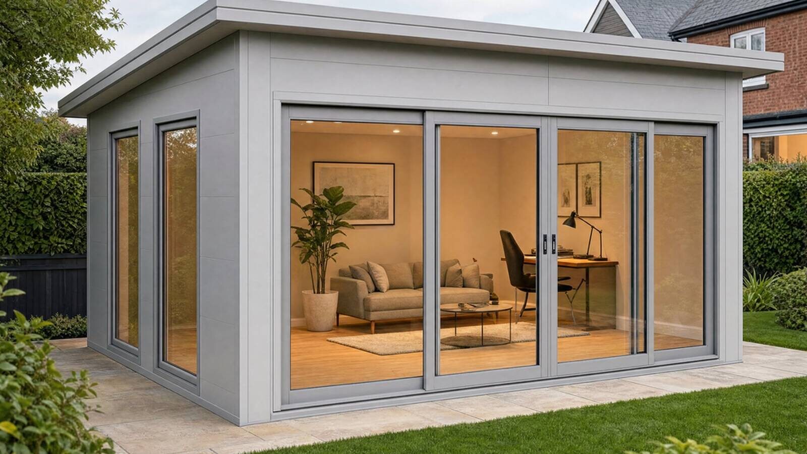 Light grey garden room with a fully glazed front wall showing a furnished home office inside