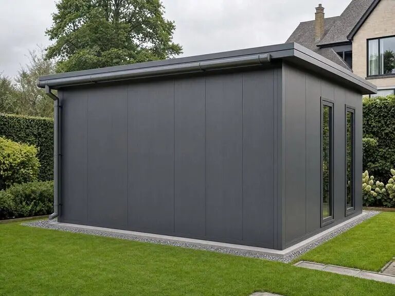 Anthracite garden room in a landscaped garden beside a period house