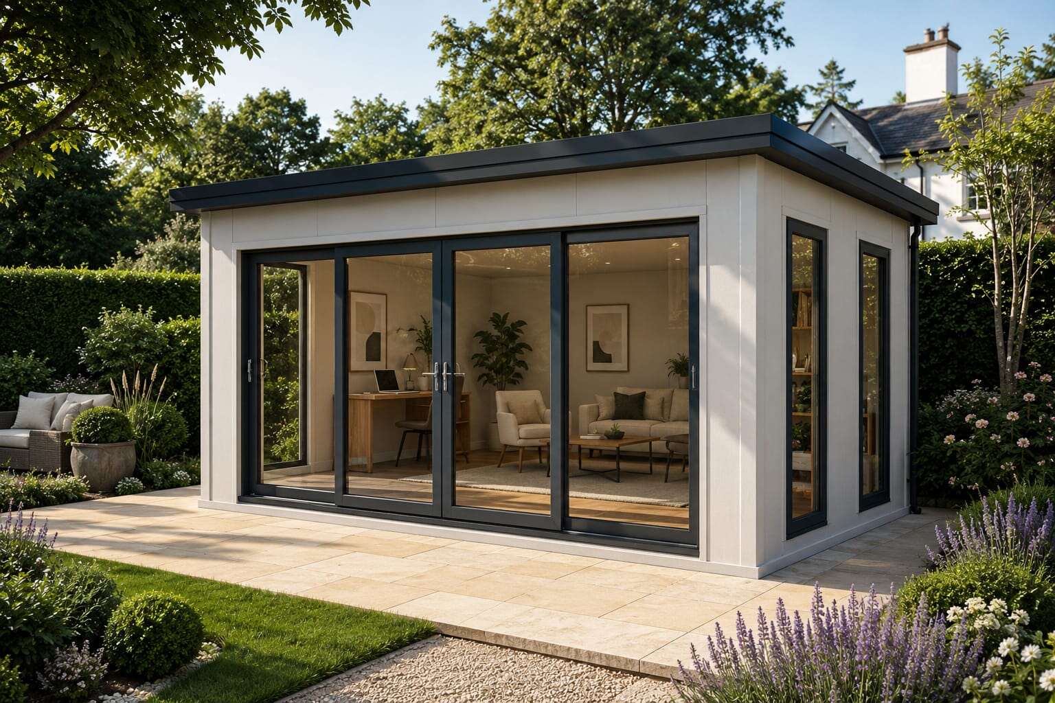Light garden room with a fully glazed front wall showing a furnished living room, lavender planting in the foreground
