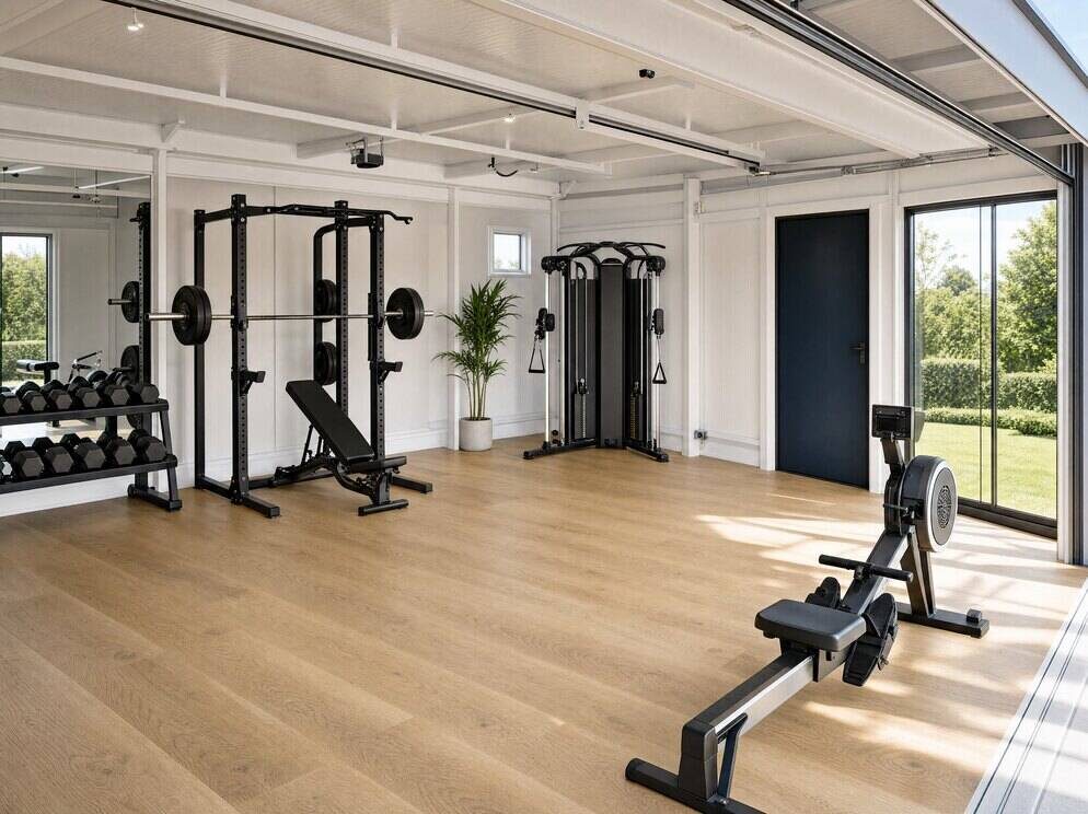 Garden room with gym equipment and a full glazed wall