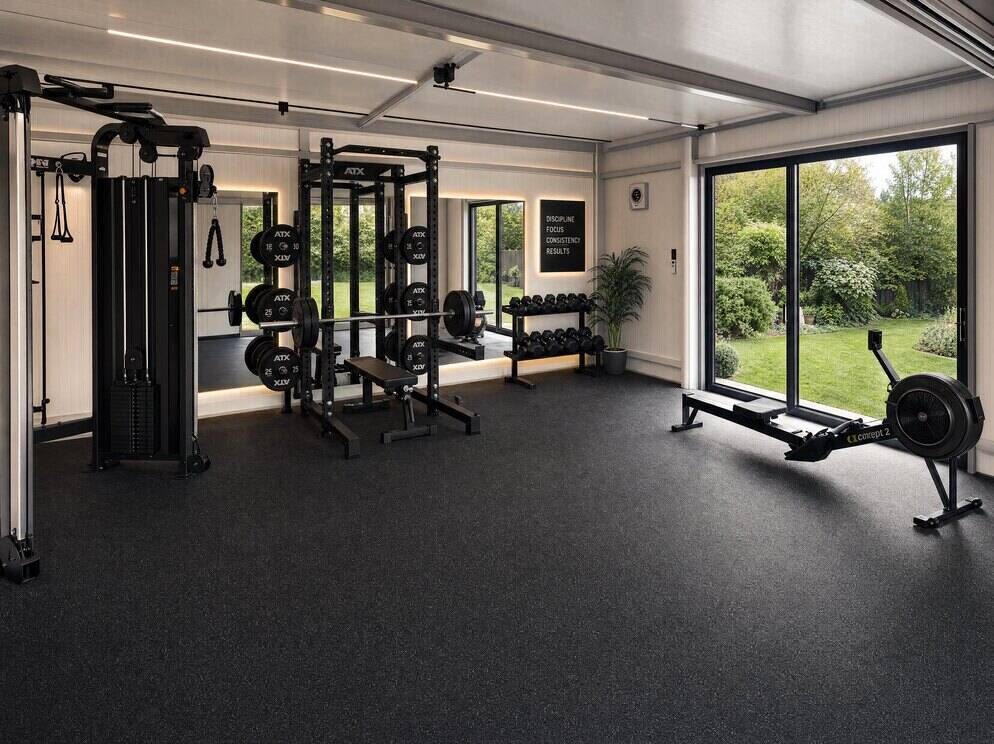 Garden room set up as a home gym