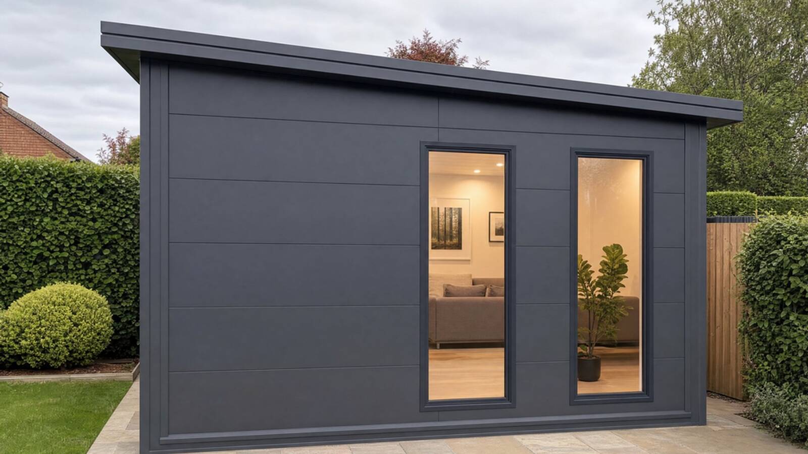 VeltHaven garden room in daylight with a four-panel sliding glass wall, ready for fit-out