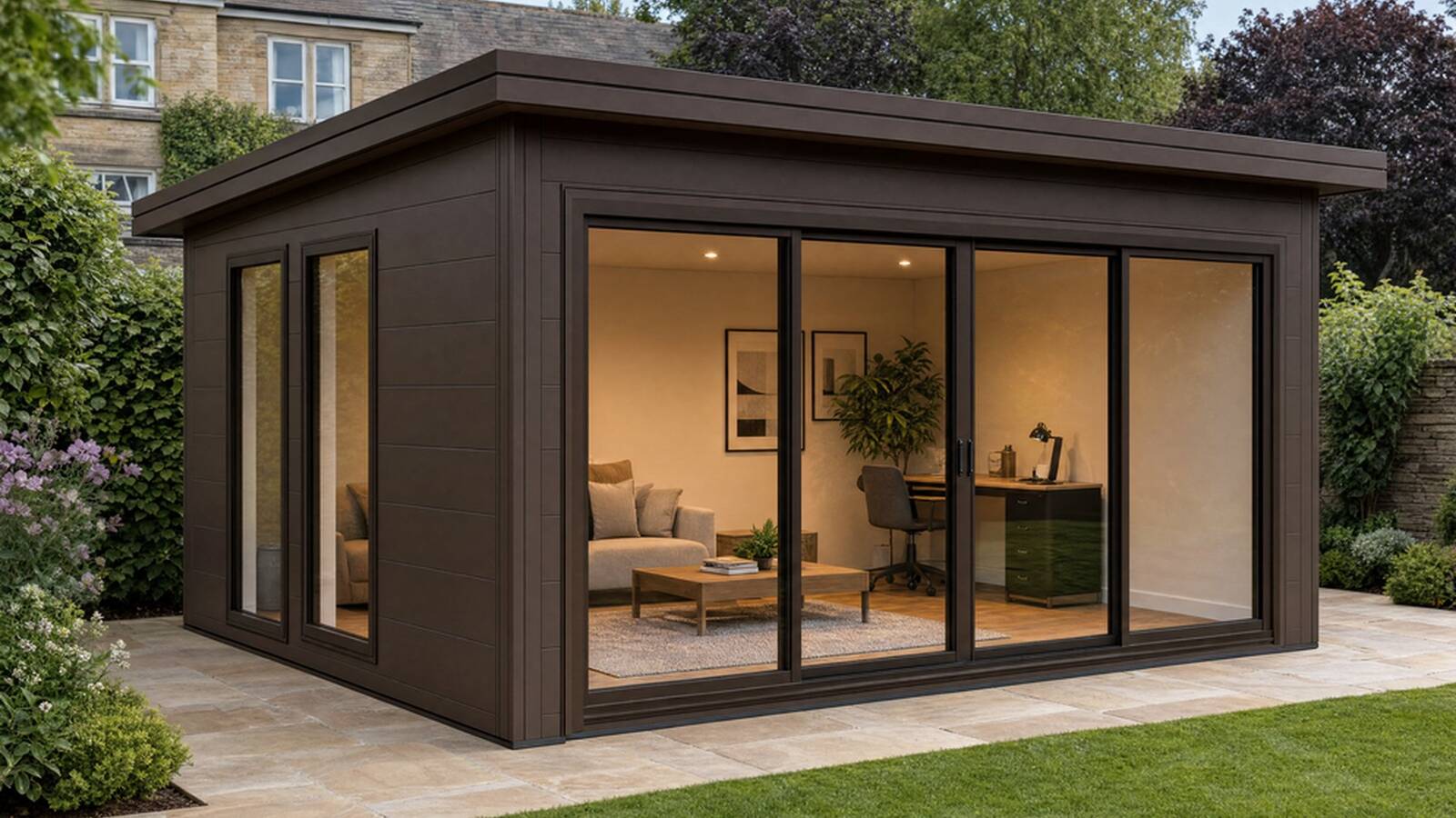 Dark brown garden room with a warmly lit interior seen through the glazed front wall, period house behind