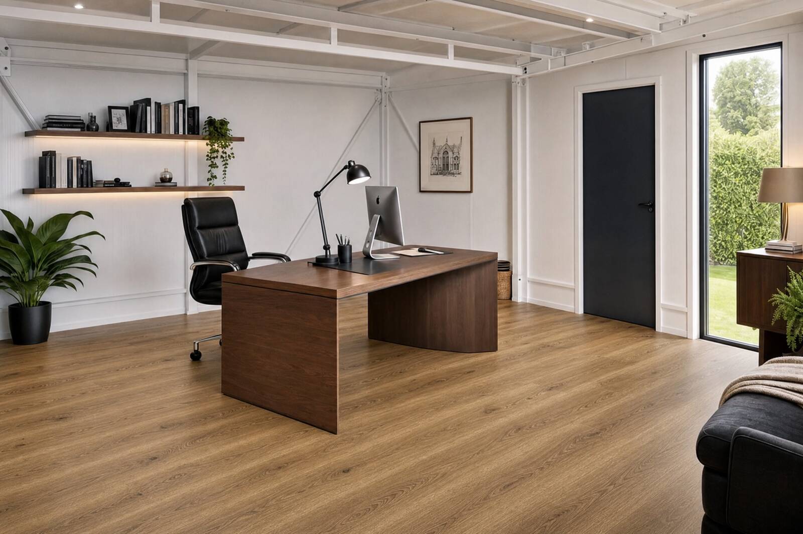 Interior of a VeltHaven garden office with a desk, task chair and full-height glazing