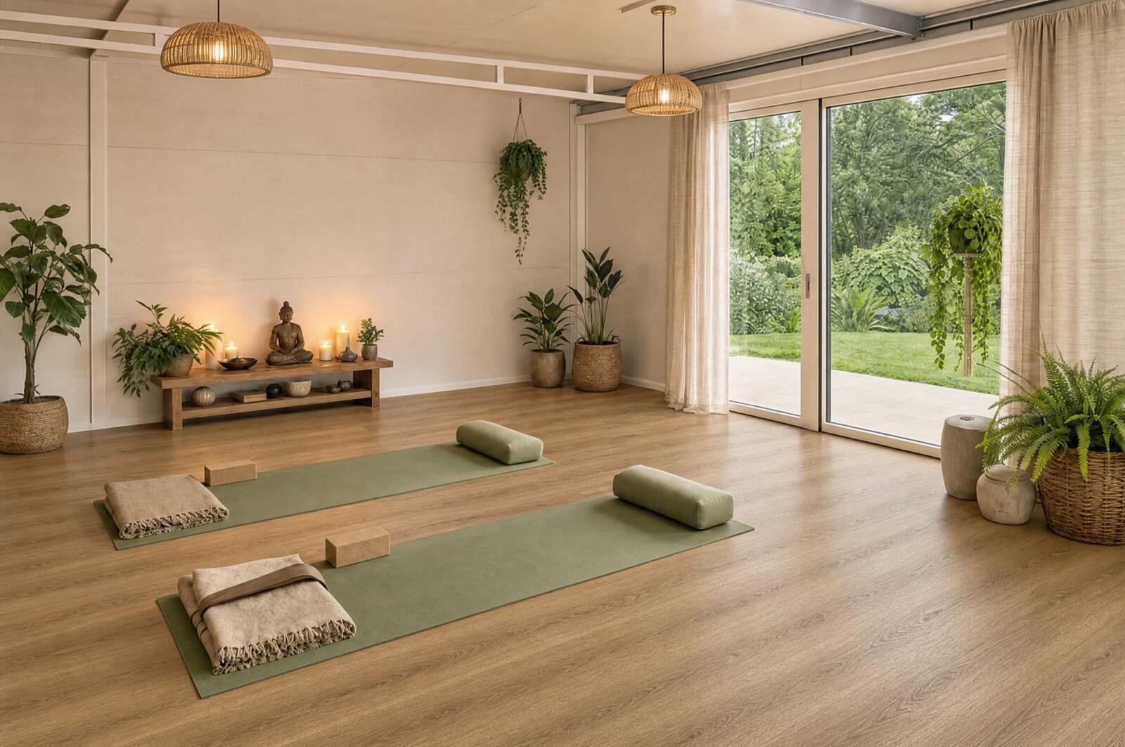 Garden room interior arranged as a wellness retreat with yoga mats, plants and soft lighting