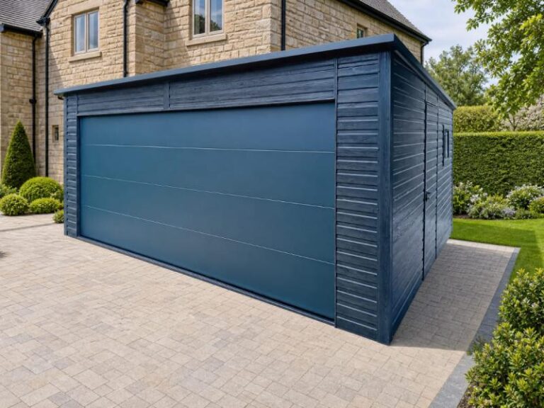 Dark blue-grey garage with a pent roof beside a stone house and paved driveway