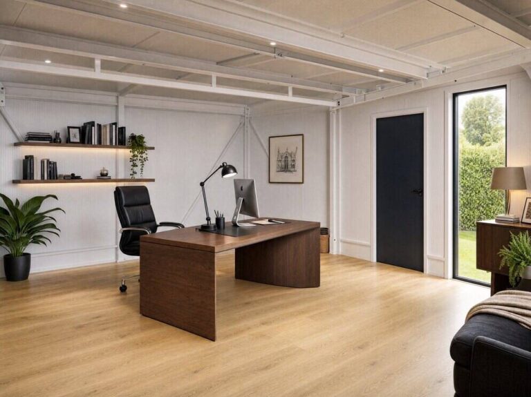 Visualisation of a garden room set up as a home office with an oak-effect floor