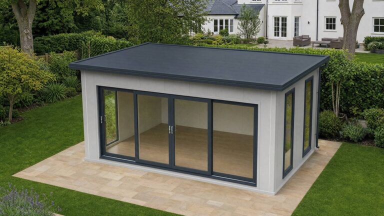 Visualisation of a VeltHaven glazed garden room with anthracite frame and sliding glass front in a landscaped British garden