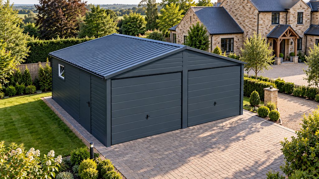 Two-door anthracite steel garage with an apex roof on a block-paved drive beside a stone house